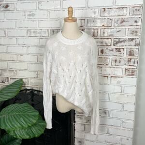 525 Born in Brooklyn Cable Knit Cotton White Crew Neck Long Sleeve Sweater M
